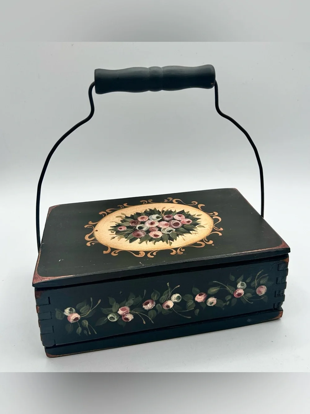 Vintage 90s Hand Painted Wooden Tole Box With Wire Handle Black Floral